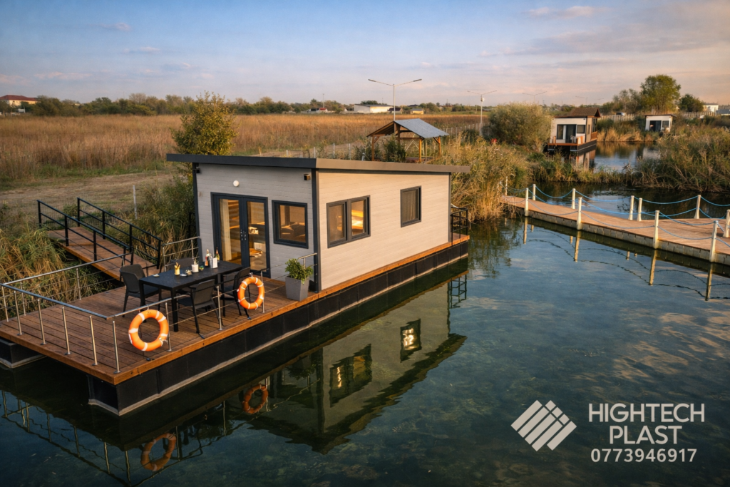 Casă plutitoare premium pe flotoare HDPE cu terasă și ponton locuibil – HighTech Plast România
