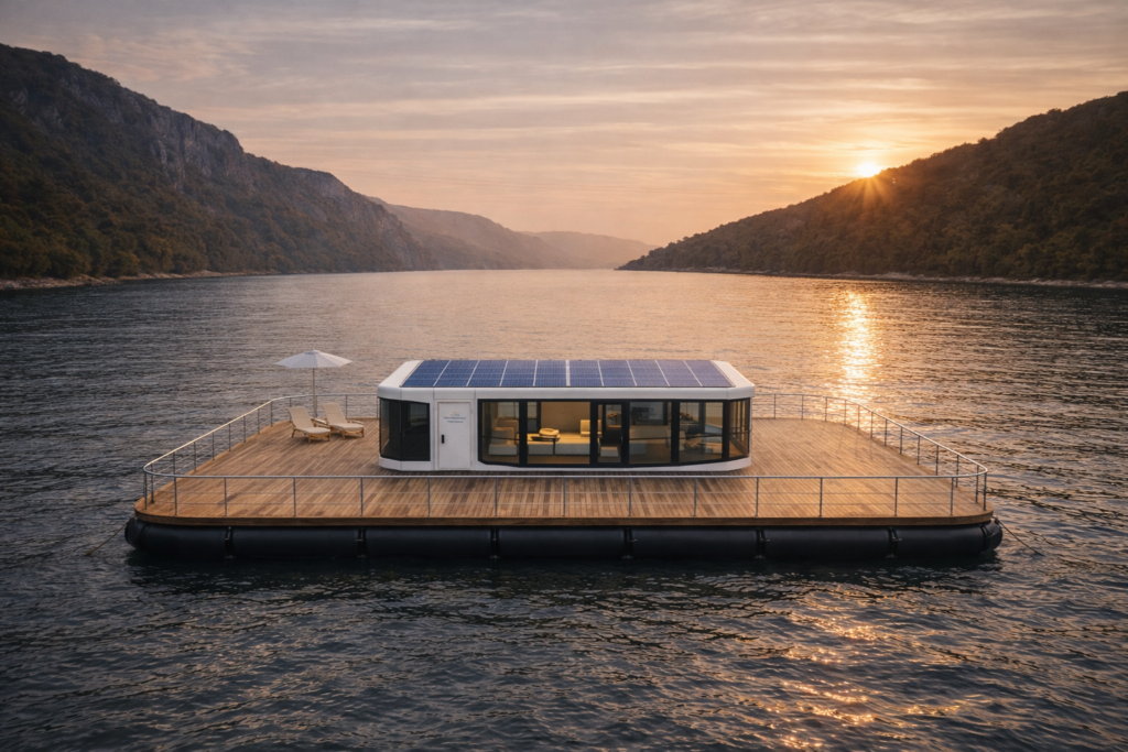 Casă plutitoare modernă pe lac folosită pentru locuință, turism și investiții