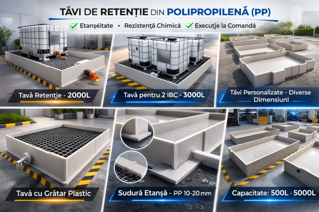 tăvi retenție PP fabricate la comandă pentru colectare scurgeri lichide periculoase