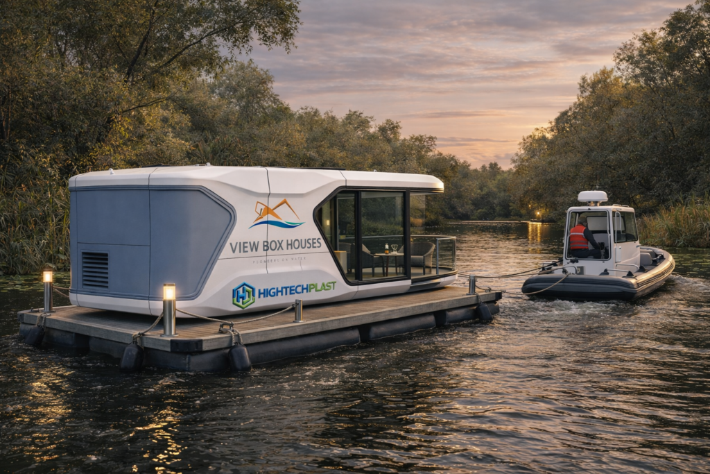 transport casa plutitoare pe ponton HDPE remorcata pe Dunare de o barca