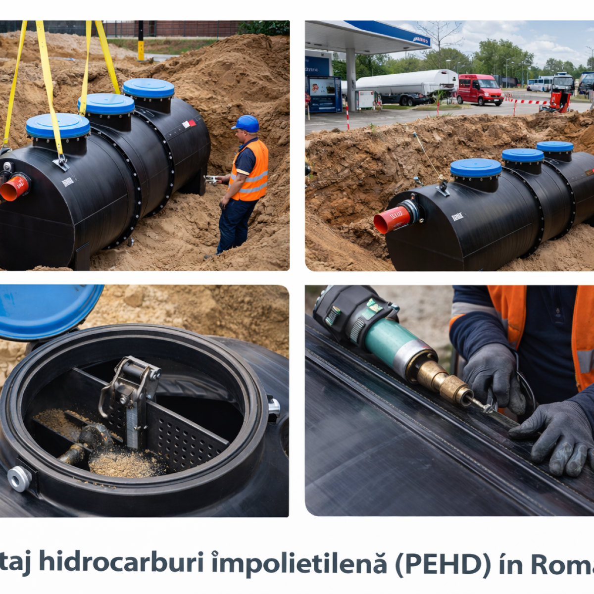 Montaj separator de hidrocarburi din polietilenă PEHD în România, instalare subterană în șantier pentru parcare și stație carburant conform SR EN 858